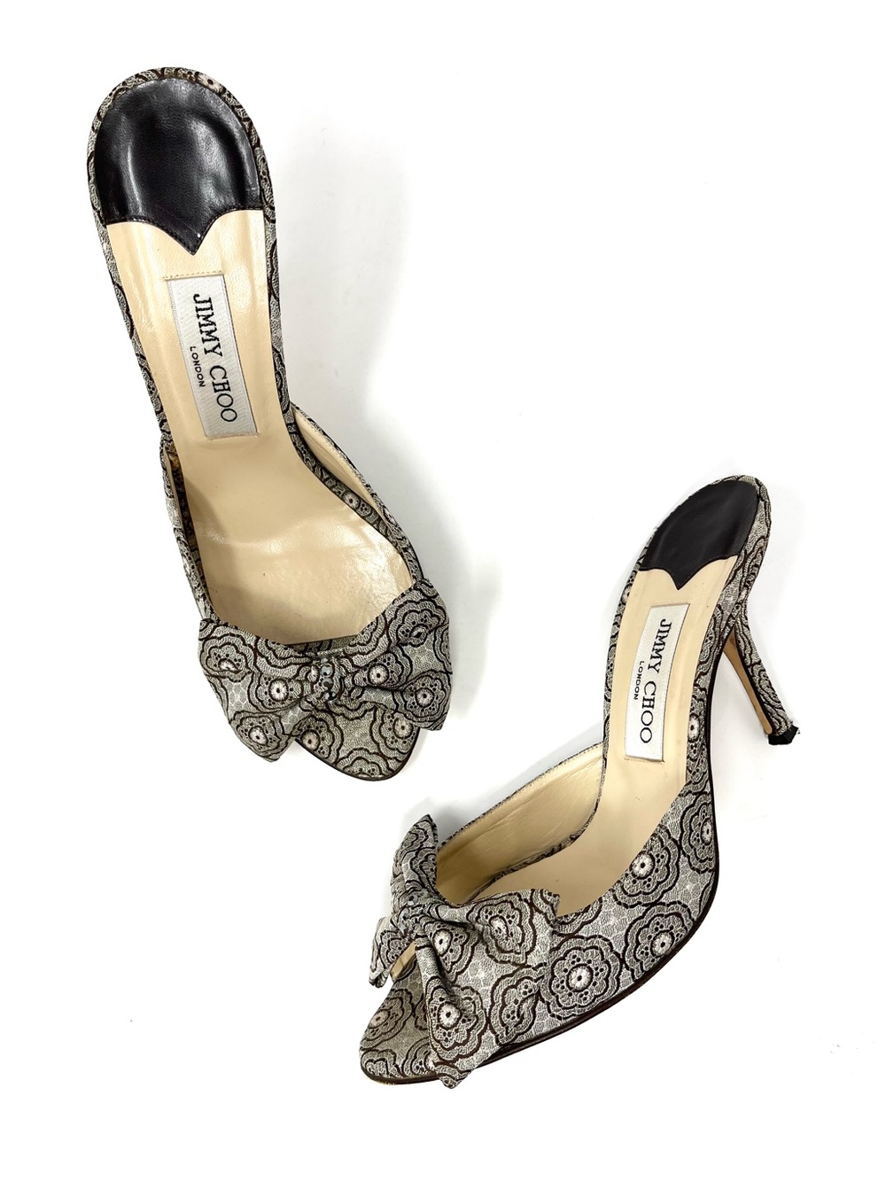 Vintage Jimmy Choo Y2K Kerala Silver Gold Metallic Floral Bow Heels Shoes 39 9